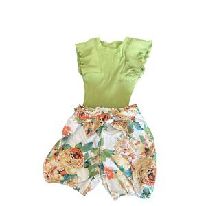 Baby Girl Boutique Outfit 12M/ 100 Green Flutter Sleeve Bodysuit‎ Floral Shorts